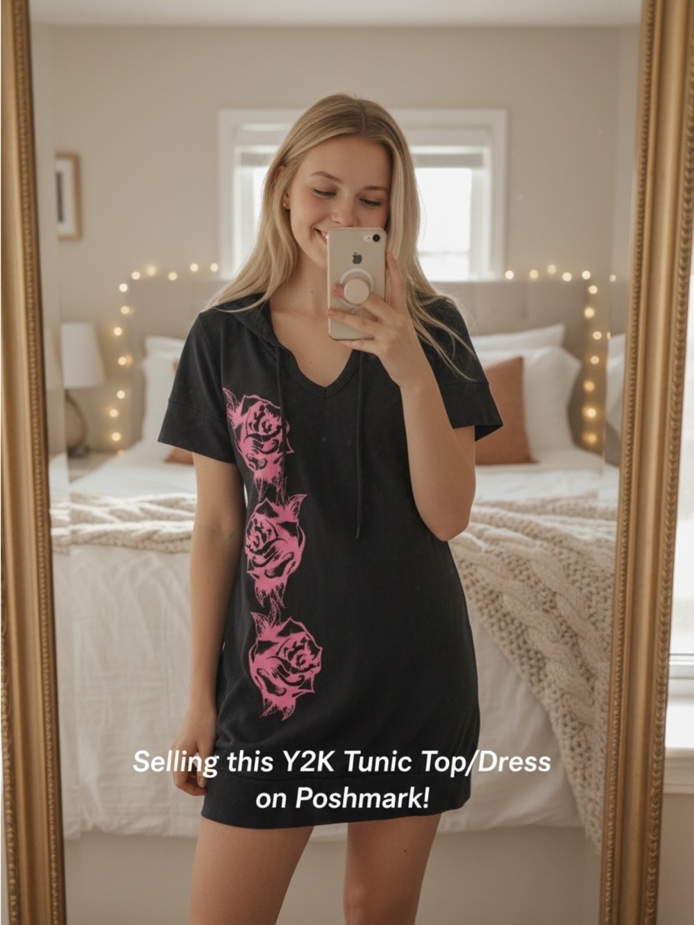 Vintage Hustler Authentic Y2K 90s Black Pink Rose Hooded Dress Top Beverly Hills